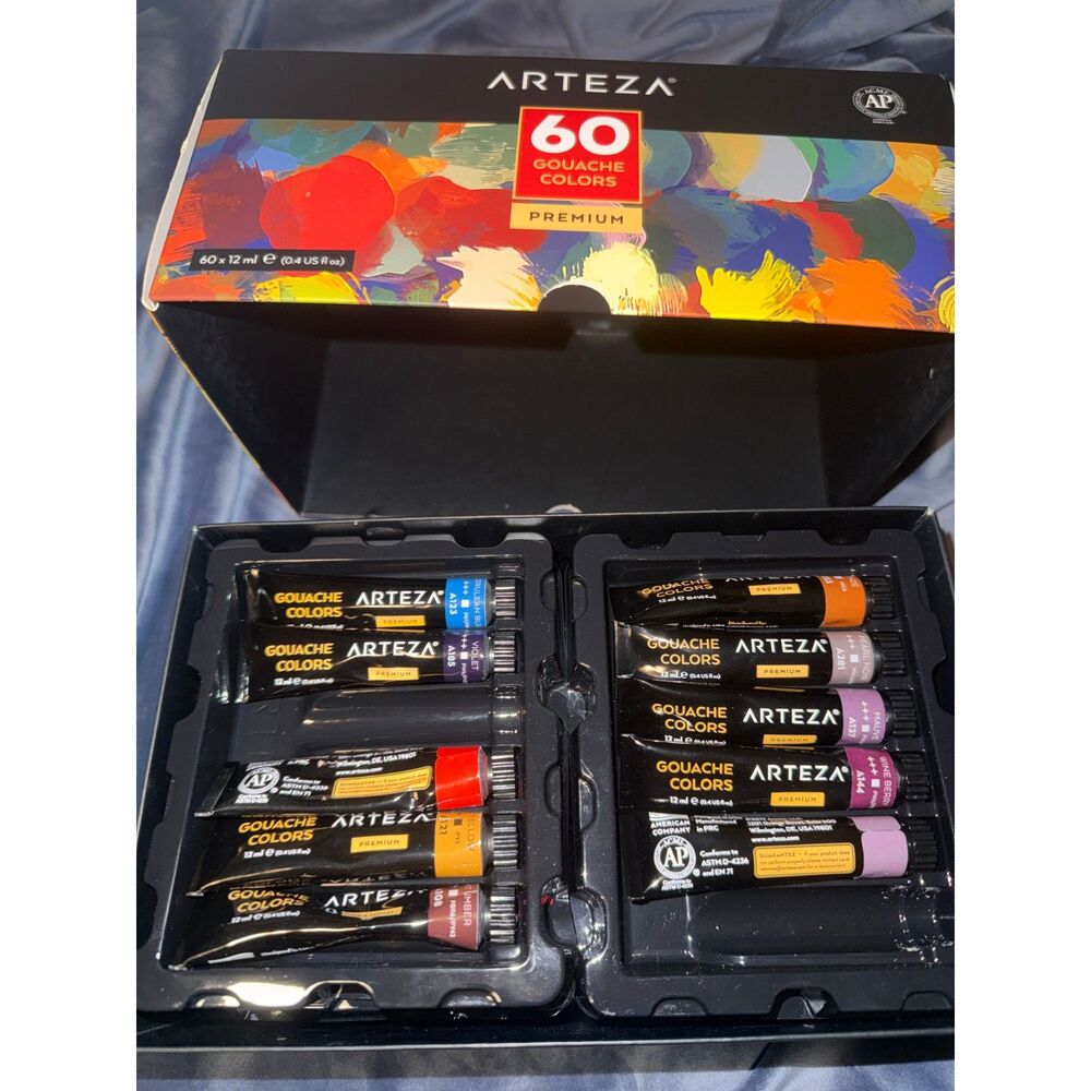 Arteza Premium Gouache Paint Set 60 Colors 12ml Tubes (58/60 Colors)